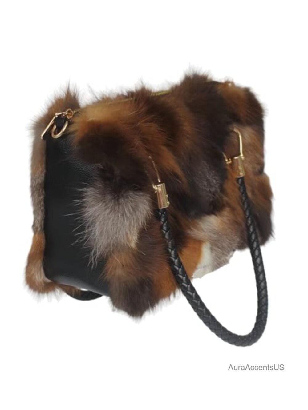 Genuine Fox Fur Handbag with Leather Handle Medium Satchel Bag